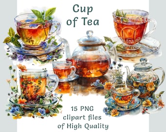 Watercolor Tea Cup Clipart Bundle, Teapot and Herbal Drink Illustration Set, Vintage Teacup PNG, Cozy Tea Time Graphics for Kitchen Design