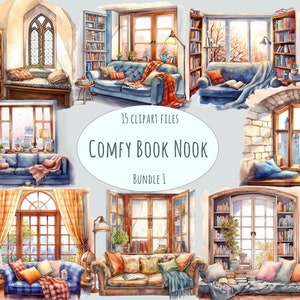 May include: A set of 15 watercolour illustrations of cosy book nooks. Each illustration features a window with a view, a comfy couch, and a bookshelf filled with books. The illustrations are perfect for adding a touch of warmth and charm to any home decor project.