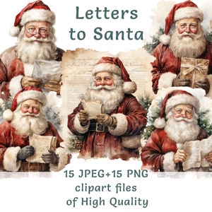 Clipart père Noël aquarelle, 15 PNG et JPEG haute qualité clipart Noël usage commercial Noël post imprimables haute résolution autocollants