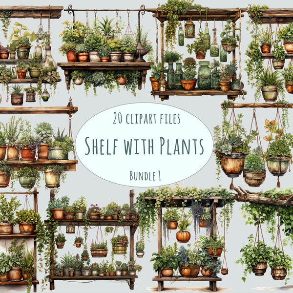 Watercolor plants clipart 20 high quality PNGs hanging wooden rack shelf stand with potted plants commercial use cottagecore printables