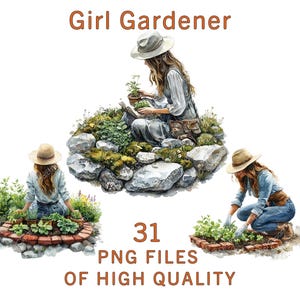 Imágenes prediseñadas de niña jardinera / 31 archivos PNG / Jardinería con acuarela / Arte de plantación / Ilustración de naturaleza primaveral para sublimación y manualidades