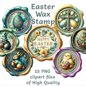 Clipart de sellos de cera de Pascua / 25 ilustraciones de sellos en relieve antiguos / Arte de primavera con conejitos, huevos y flores / Scrapbooking para tarjetas y manualidades