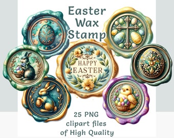 Easter Wax Seal PNG Bundle, Vintage Bunny & Egg Stamp Clipart, Watercolor Spring Floral Seals for Invitations, Commercial Use
