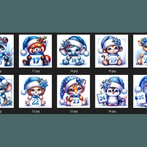 May include: A collection of watercolor illustrations featuring adorable animals wearing blue Santa hats and holding numbered signs. The animals include a panda, red panda, bunny, monkey, giraffe, mouse, lion, tiger, penguin, and Santa Claus.