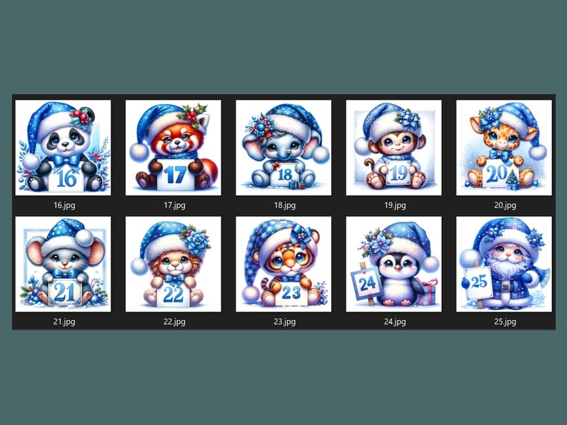 May include: A collection of watercolor illustrations featuring adorable animals wearing blue Santa hats and holding numbered signs. The animals include a panda, red panda, bunny, monkey, giraffe, mouse, lion, tiger, penguin, and Santa Claus.