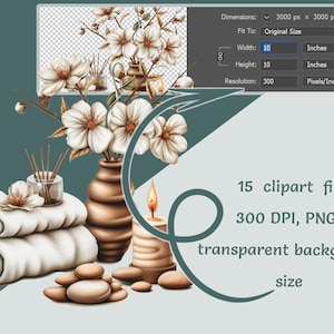 Spa Clipart - 15 Aquarell PNG Aufkleber, entspannende Spa Handtücher, Steine, Kerzen für kommerzielle Nutzung, Instant Download, Massage Essentials