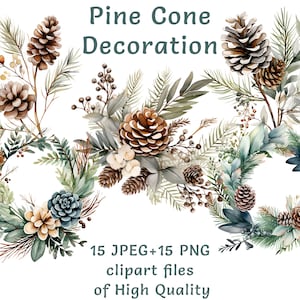 Clipart di pigne ad acquerello, 15 PNG e JPEG di alta qualità, ghirlanda di pino uso commerciale cottagecore stampabili natale autunno inverno clipart