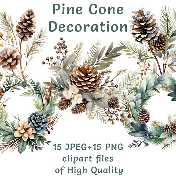 Watercolor Pine cone clipart, 15 high quality PNG and JPEG, Pine wreath commercial use cottagecore printables christmas fall winter clipart