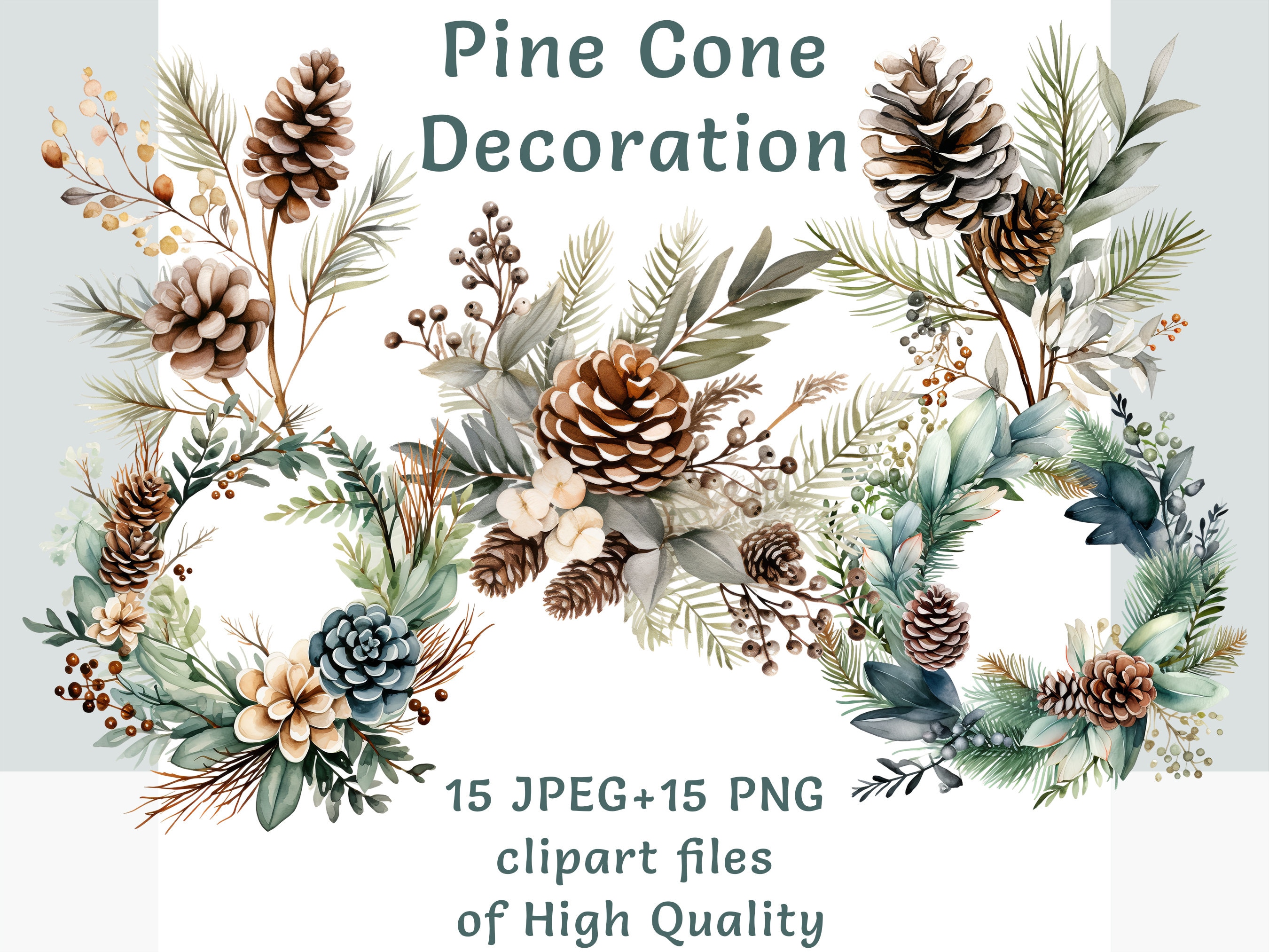 Winter Greenery Clipart, Watercolor Winter Clipart, Watercolor Greenery,  Pine Branch, Pine Cone, Mistletoe, Poinsettia, Christmas Clipart 