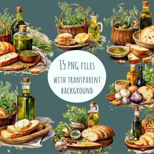 A collection of 15 Mediterranean food cliparts featuring fresh bread, olive oil, herbs, and garlic. Perfect for restaurant menus, food blogs, kitchen wall art, and Italian-themed projects.
