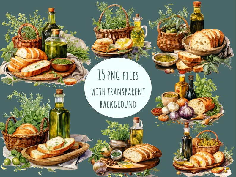 A collection of 15 Mediterranean food cliparts featuring fresh bread, olive oil, herbs, and garlic. Perfect for restaurant menus, food blogs, kitchen wall art, and Italian-themed projects.