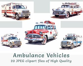 Watercolor Ambulance Clipart JPEG, Emergency Vehicle Graphics, First Responder Van Sublimation, Commercial Use Digital Download