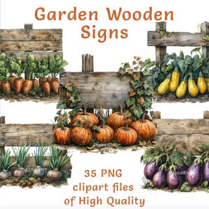 Clipart tuinbord | 35 png-bestanden | Houten bord aquarel | Winkeletiketten voor commercieel gebruik | Groenten clipart | Thuistuinieren Afdrukbare kunst