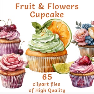 カップケーキのクリップアート | JPEG 45枚 | PNGファイル 20枚 | 水彩フルーツのクリップアート | 商用利用 | ベーカリーのクリップアート | 食べ物のクリップアート | デザートのステッカーアート