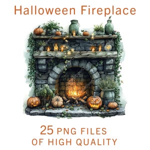 Clipart de chimenea de Halloween, 25 archivos PNG, arte de acuarela para diseños espeluznantes, tema de calabaza, uso comercial, perfecto para manualidades de Halloween