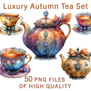 May include: A set of four teacups and saucers and a teapot decorated with autumnal colors and jewel-toned accents. The teacups and teapot have gold trim. The text "Luxury Autumn Tea Set" and "50 PNG Files of High Quality" are visible in the image.