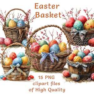 Påskkorg Clipart-paket, akvarell påsk clipart, kommersiellt bruk äggkorg klistermärke set, sublimeringstryck blommiga illustrationer png