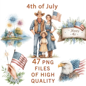 Clipart del 4 luglio / 47 PNG / Attributi patriottici americani ad acquerello / Stampa a sublimazione vintage per uso commerciale / Arte del Giorno dell'Indipendenza