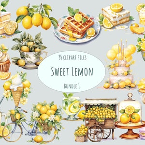 Watercolor lemon clipart, 35 high quality PNG, sweet citrus fruits, belgian waffles, lemon cake lemonade, food clipart, menu commercial use