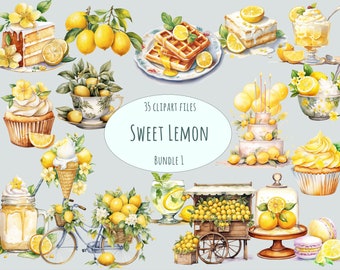 Aquarel citroen dessert clipartbundel, citrus snoep bakkerij set, cake cupcake drankje eten illustratie png voor plakboek, sublimatie