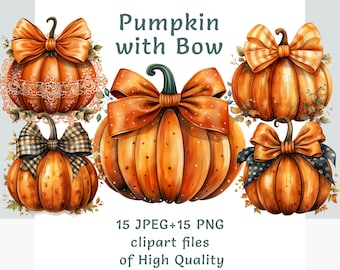 Pompoen Clipart met strikken Herfst Herfst Halloween Pompoenen Leuke Rustieke Pompoen Set voor Oogst Decor Thanksgiving Uitnodigingen Commercieel gebruik