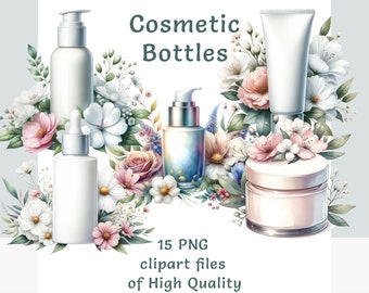 Cosmetic bottles clipart bundle, Watercolor wellness clipart, commercial use spa stickers, sublimation print flowers set, transparent png