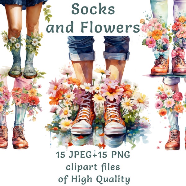Autumn Floral Socks Clipart, Watercolor Fall Patterns, 15 PNG and JPEG for Commercial Use, Cozy Season Digital Art Collection printables