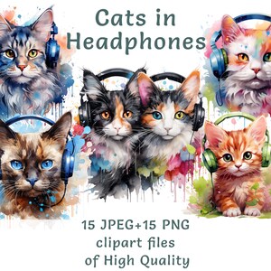 Clipart de chat dans un casque - 15 images numériques de chat sur le thème de la musique, PNG & JPEG, téléchargement immédiat pour les amateurs d'animaux de compagnie, cartes de voeux et affiches