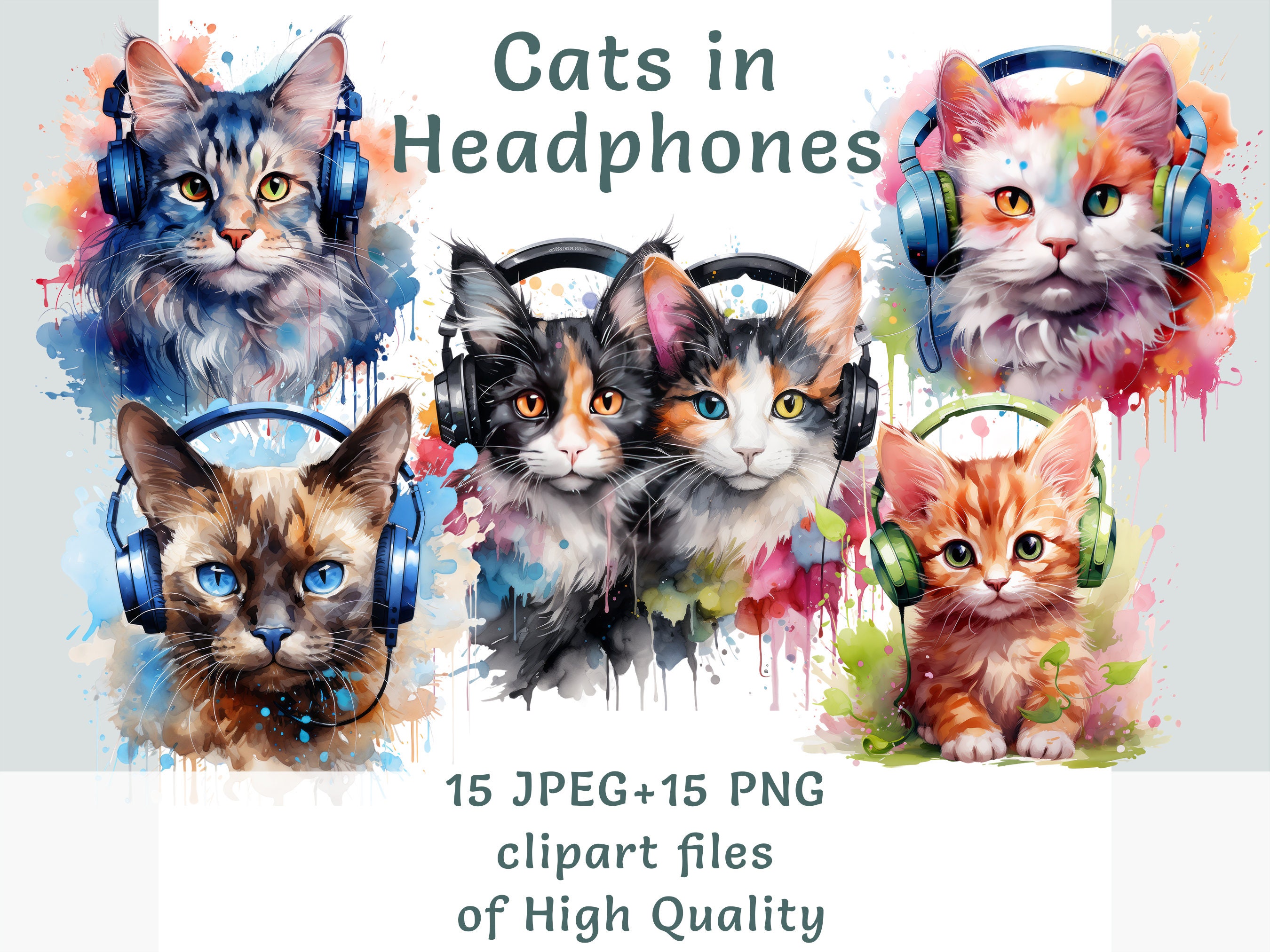 Clipart de chat dans un casque - 15 images numériques de chat sur le thème de la musique, PNG & JPEG, téléchargement immédiat pour les amateurs d'animaux de compagnie, cartes de voeux et affiches