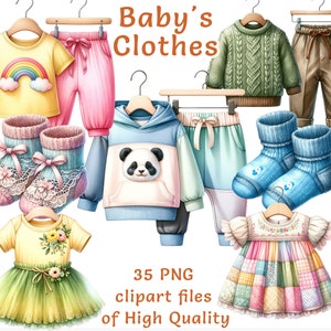 Clipartcollectie babykleding - 35 aquarel png-bestanden, moderne outfitkleding voor commerciële projecten, essentiële grafische ontwerper