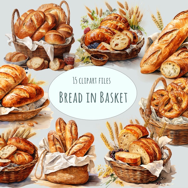 Aquarel brood clipart, 15 hoge kwaliteit PNG, stokbrood geweven mand kunst, vers brood brood, gebak eten menu stickers, ontbijt printables