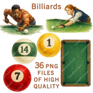 Peut inclure: Un ensemble de 36 fichiers PNG de haute qualité représentant des illustrations de boules de billard, un billard et des joueurs. Les boules sont numérotées 1, 7 et 14. Le billard est vert avec des bandes en bois brun. Les joueurs sont représentés dans un style réaliste.