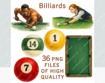 Billiard Clipart | Snooker Clipart | 36 PNG Files | Watercolor 8 Ball Stickers | Commercial Use | Pool Clipart | Sport Design | Tumbler Wrap