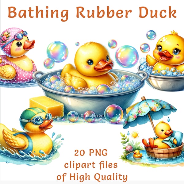 Yellow Rubber Duck Clipart - 20 Swimming Duck PNGs for Commercial Use, Instant Download - Toys Ideal for Educational Materials & Party Decor