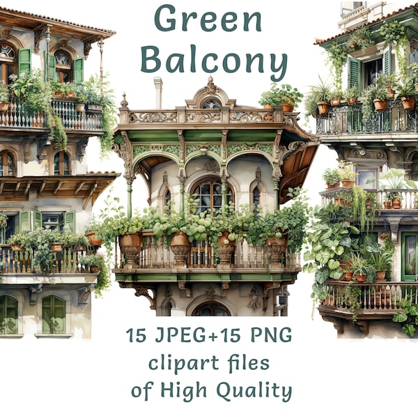 Clipart Collection for Summer Holidays: Watercolor Balcony Scenes, Green Vacation Vibes - 15 PNG and JPEG Files, Printable Commercial Use