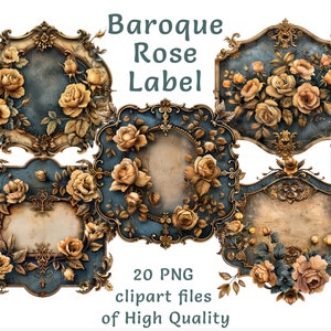 Etiquetas Clipart | 20 Arquivos PNG | Etiquetas Barrocas em Aquarela | Adesivos Florais Vintage | Coleção de Antiguidades | Uso Comercial | Etiquetas de Alimentos