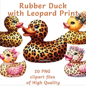 Conjunto de clipart de pato de borracha amarelo, 20 PNG aquarela, arquivos digitais com estampa de leopardo Duckies, 20 artes de alta resolução para artesanato e scrapbooking