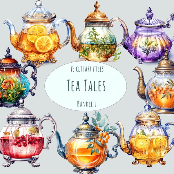 Watercolor tea party clipart, 15 high quality png, teapot tea time clip art, instant download, cottagecore commercial use food printables