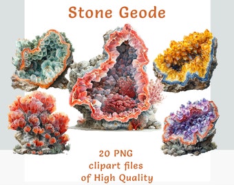 May include: A set of 20 high-quality PNG clipart files featuring various colorful stone geodes. The geodes are cut open to reveal sparkling crystals in shades of blue, red, orange, and purple.