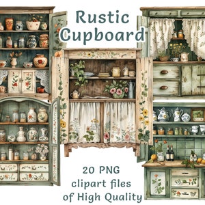 Clipart de armário rústico | 20 armários de fazenda vintage PNG | Arte de despensa de prateleira de cozinha country, download digital chique e gasto para sublimação