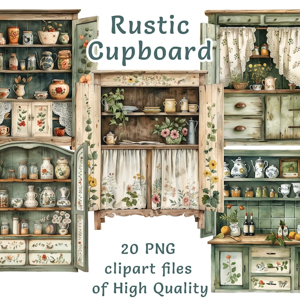 Rustikaler bemalter Schrank Clipart, 15 Aquarell gemütliches Wohndekor PNG, digitaler Download, Vintage Schrank Illustrationen für DIY Projekte Basteln