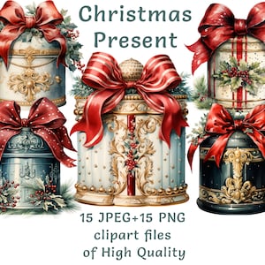 Clipart de regalo / 15 PNG y JPEG / Clipart navideño de acuarela / Paquete festivo de uso comercial / Paquete digital de impresión por sublimación