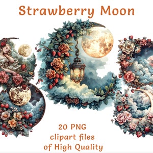 Clipart Lune aux fraises | 20 autocollants PNG | Ciel nocturne céleste et floral | Phases de la lune mystiques | Nuages de rêve Art gothique | Téléchargement numérique