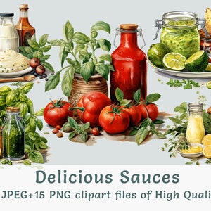 Tomatensauce Clipart, 15 Aquarell Pesto Illustrationen, Hausgemachtes Essen mit Gemüse-Dressing Aufkleber, Küchen Flasche Printables