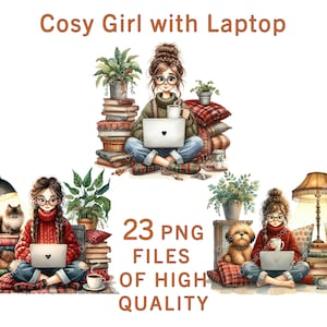 Pode incluir: Ilustração em aquarela de uma menina com um laptop, livros, plantas e um animal de estimação. A imagem inclui o texto "Cosy Girl with Laptop" e "23 PNG FILES OF HIGH QUALITY".