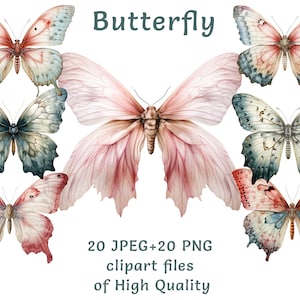 Schmetterling Clipart, 20 digitale Mottenillustrationen des Aquarells von hoher Qualität in PNG und JPEG, Schmetterlinge druckbar, Pastellinsektenaufkleber