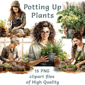 Clipart de jardinagem de primavera - 15 aquarela PNG para uso comercial, coleção digital de plantas de mudas de primavera do jardineiro, arte de jardinagem doméstica