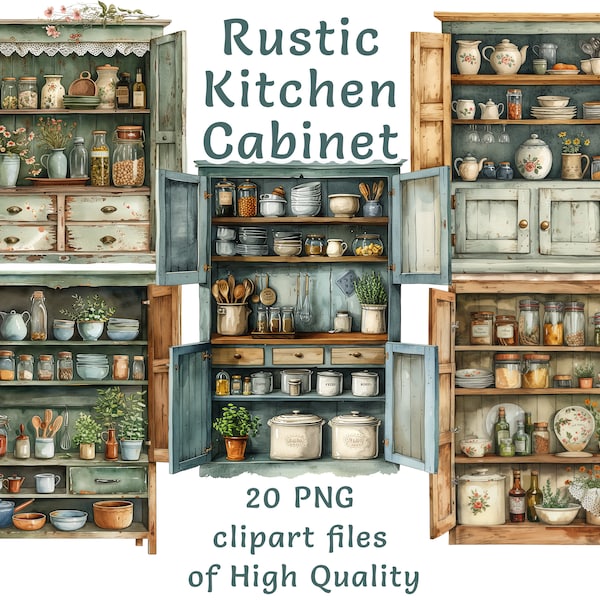 Kitchen Cabinet with Utensils clipart, 20 Watercolor PNG Illustrations, Cottagecore Art for commercial use, Rustic Vintage Wooden Cupboard