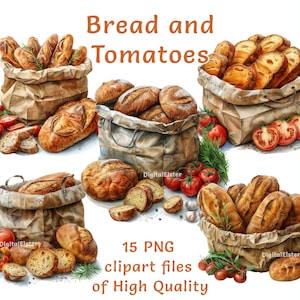 Colección de imágenes prediseñadas de pan con tomates, 15 diseños PNG de acuarela, perfecto para decoración de alimentos, proyectos de menú de cafetería y restaurante, uso comercial