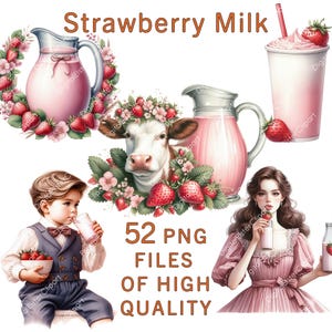 Clipart de lait | Lait fraise Clipart | 52 fichiers PNG | Utilisation commerciale | Stickers aquarelle pour boisson | Décoration de cuisine | Clipart nourriture | Portrait